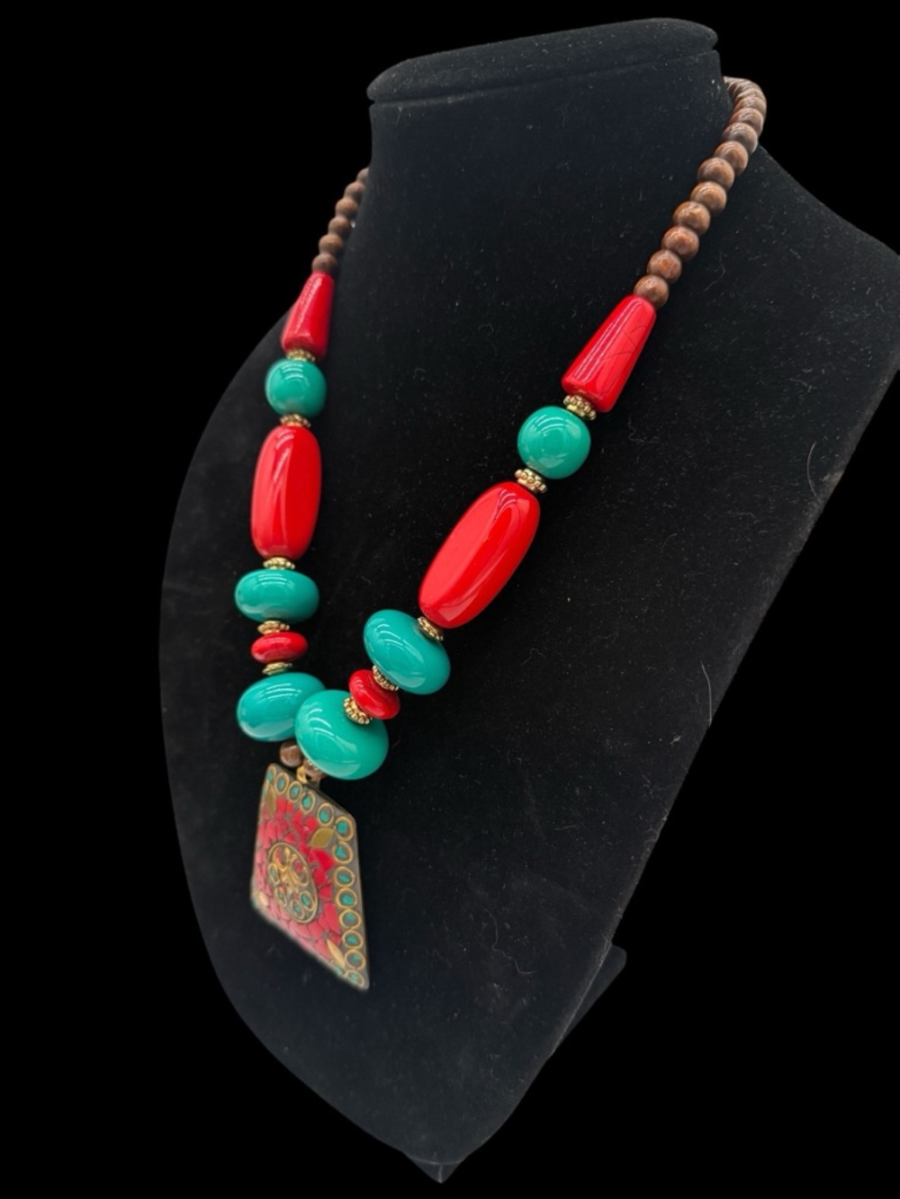 Tibetan Ethnic Mosaic Red Coral and Turquoise Statement Pendant Brass Necklace - Picture 6 of 8